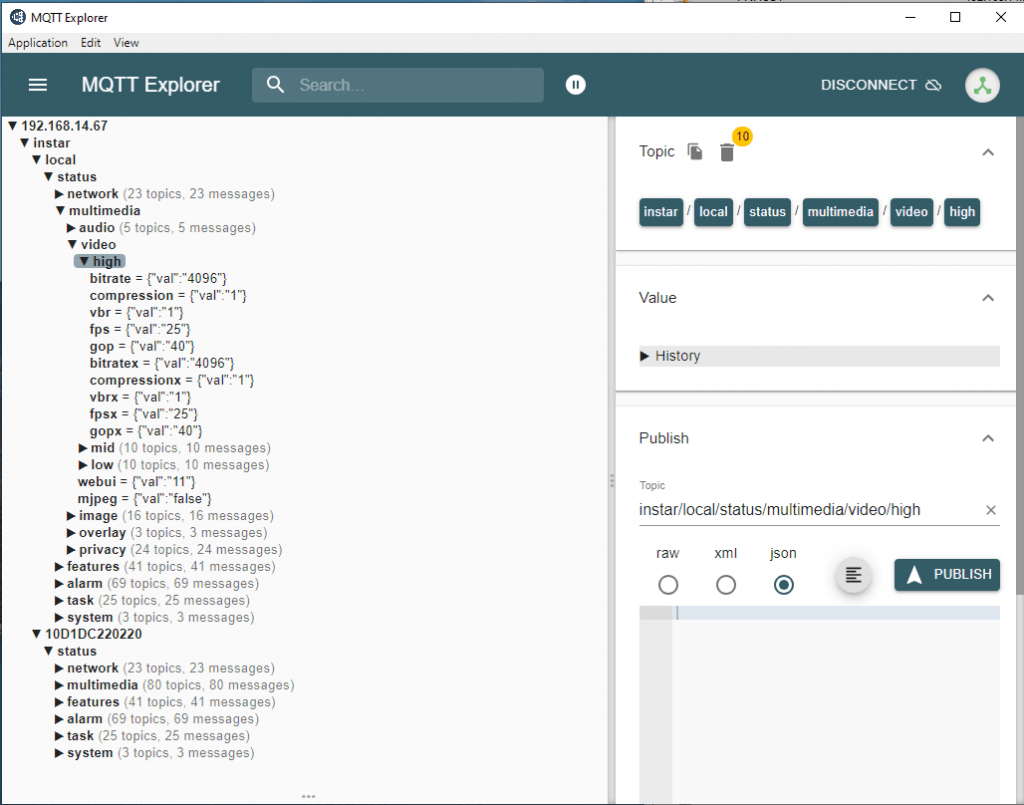 MQTT Explorer showing INSTAR