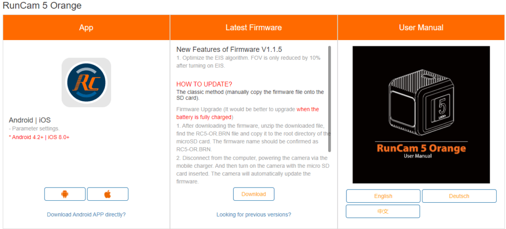 RunCam 5 Orange manual, firmware and APP