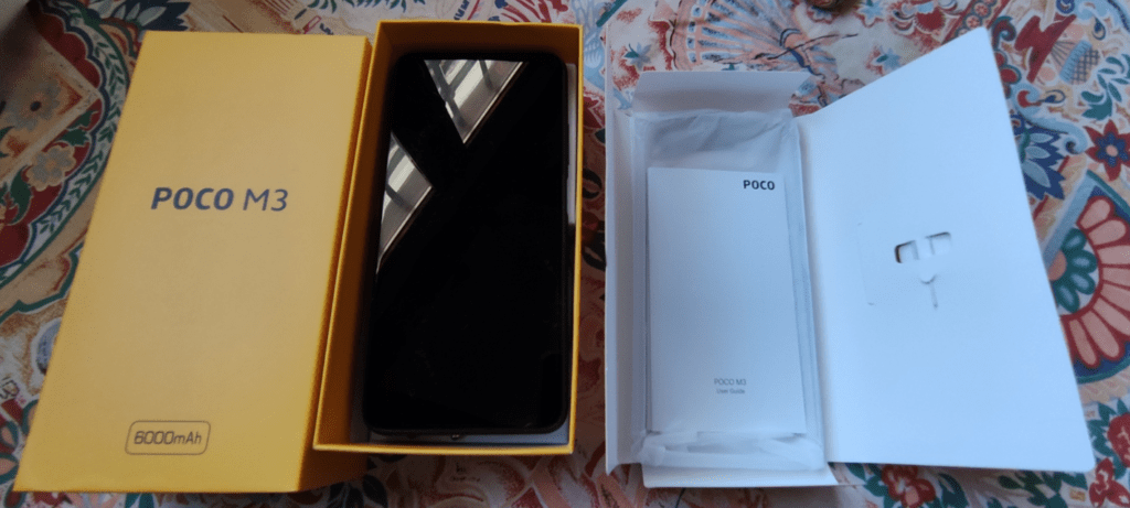 Poco M3 box, phone, charger, lead, instructiond and tool for SIM/SD insertion/removal