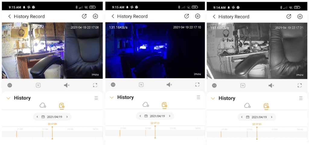 light and dark (IR) screenshots from automatic recordings on the Imou Bullet 2C camera