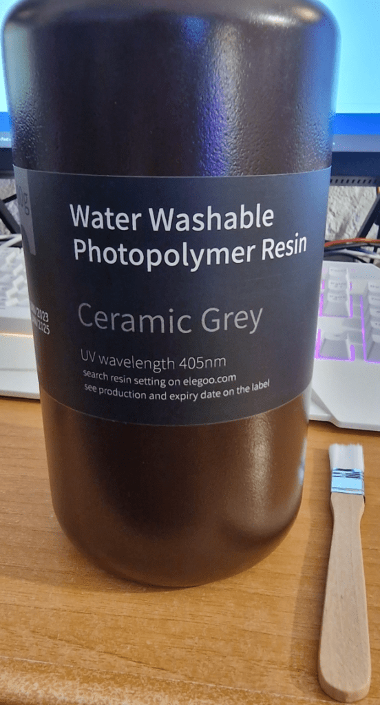 Elegoo water-washable Ceramic Grey Photopolymer Resin (they've even spelled GREY correctly :-) )