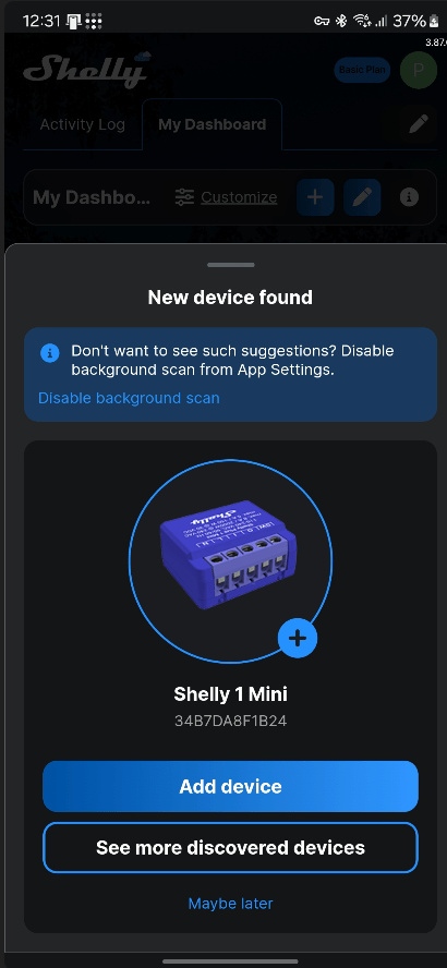 Shelly Smart automatically finding the nearyby Shelly 1 Mini