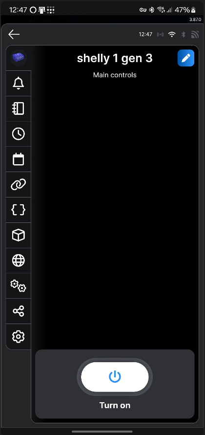 Shelly 1 Gen 3 menu inside "Shelly Smart" APP.